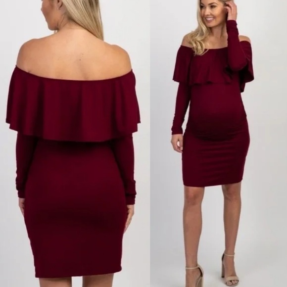 PinkBlush Maroon Burgundy Ruffle Trim Off Shoulder Fitted Maternity Dress - Picture 2 of 9